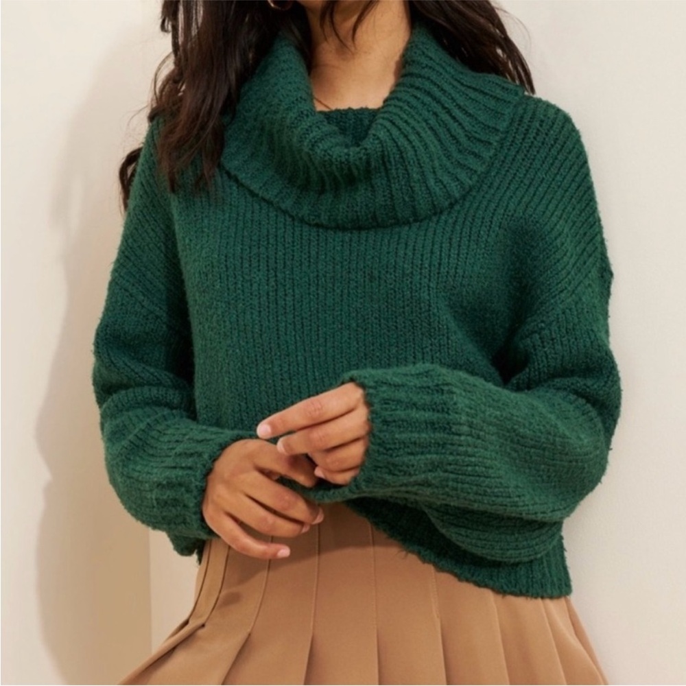 PILCRO ANTHROPOLOGIE Cowl Neck Sweater Forest Green Chunky‎ Knit